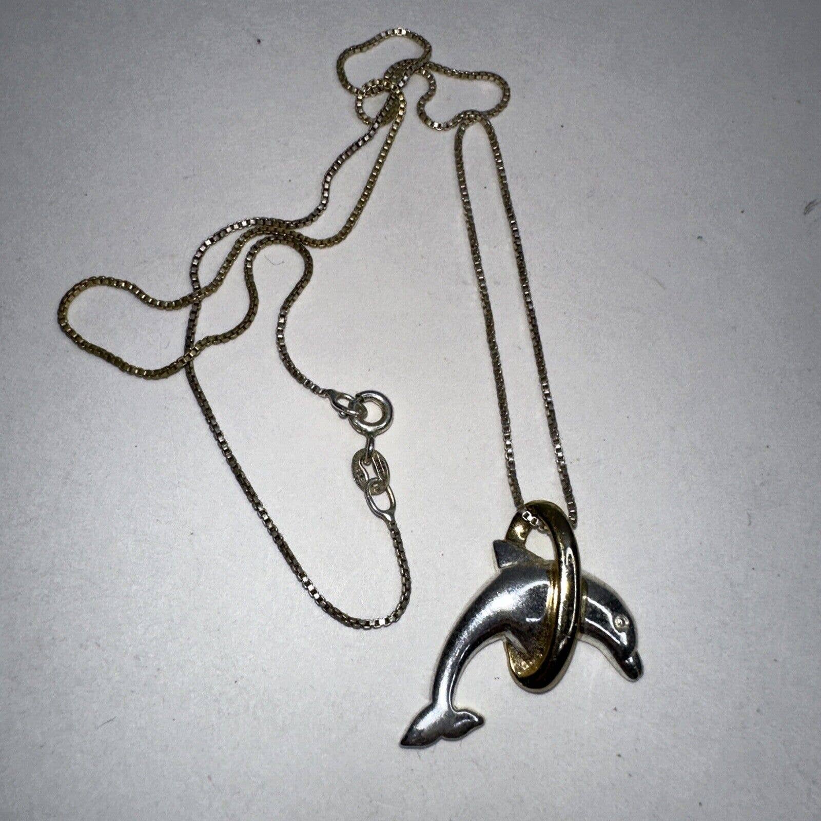 Sterling Silver Dolphin Charm Box Chain Necklace 925 Fas Italy 18